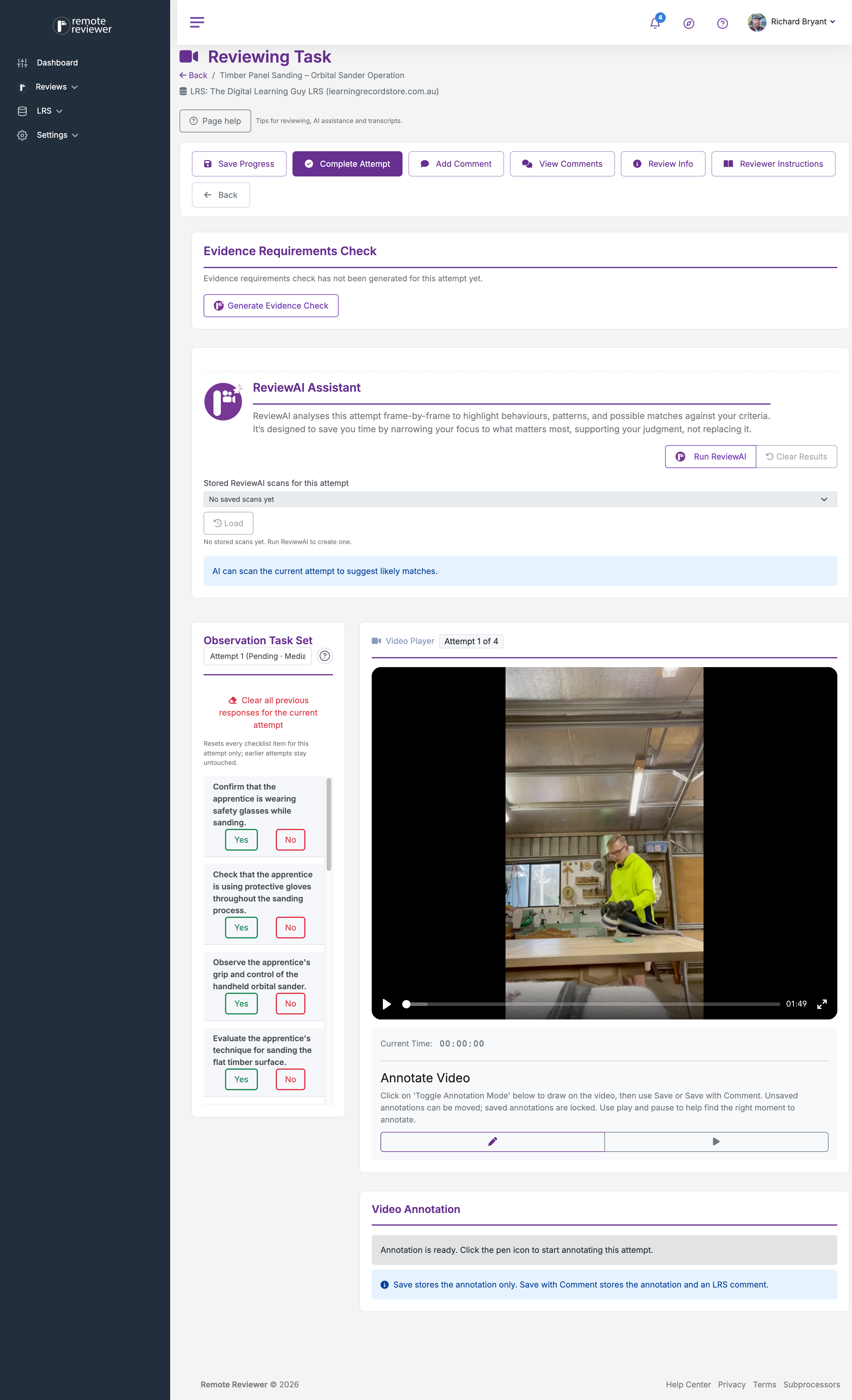 Remote Reviewer workspace showing captured evidence and structured review